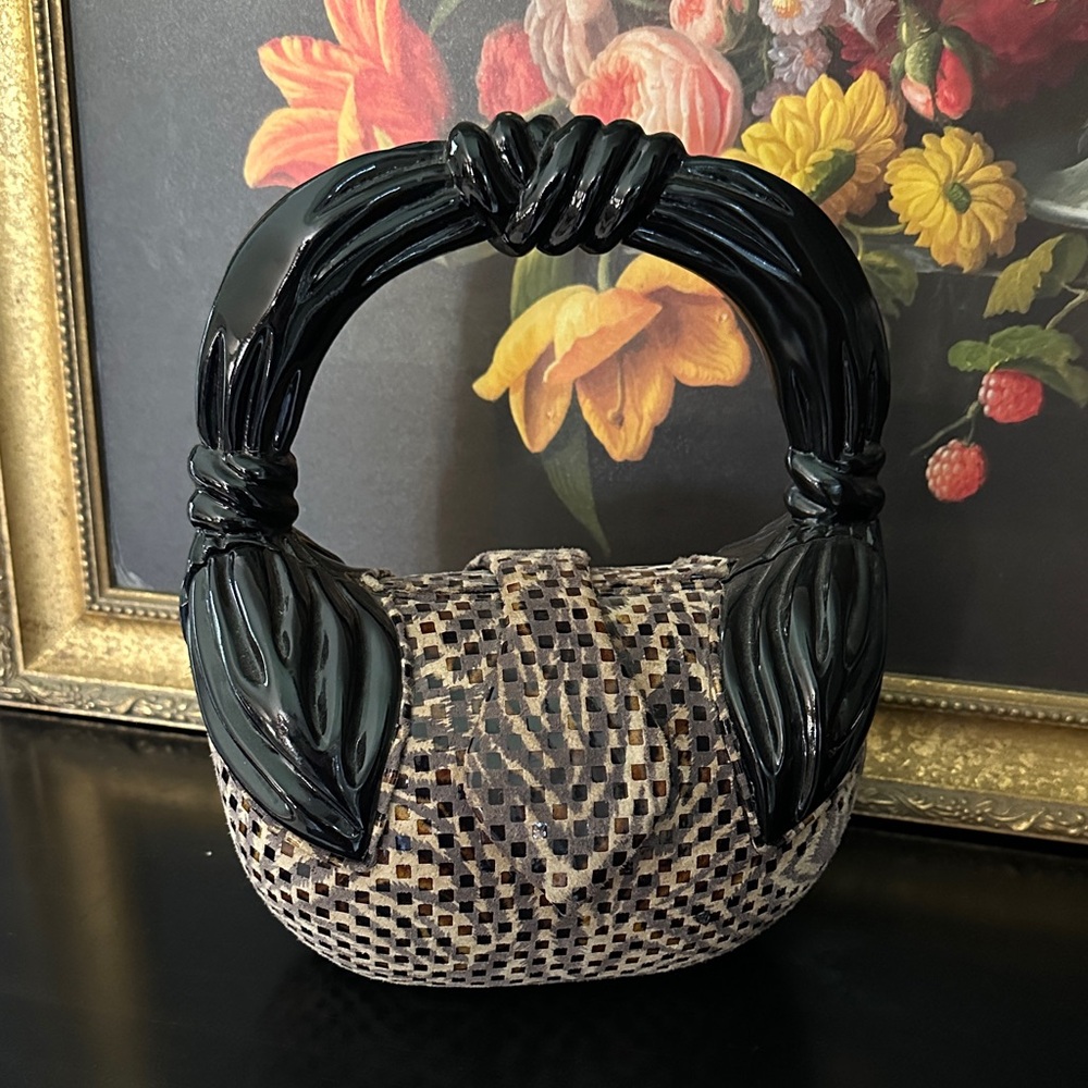 Vintage Timmy Woods Animal Print Hand /Shoulder Bag • Handcrafted Wood LUXURY